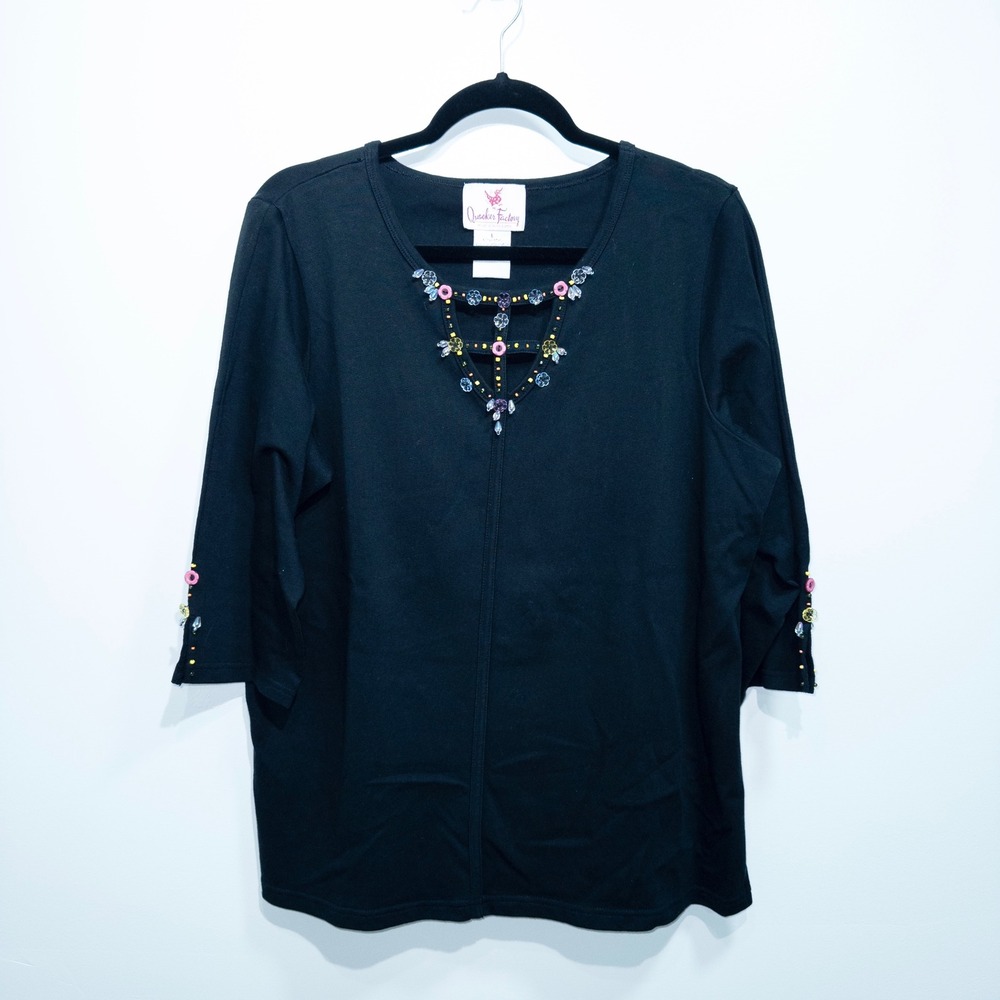 Quacker Factory Black Embellished Beaded‎ Shirt Size Large